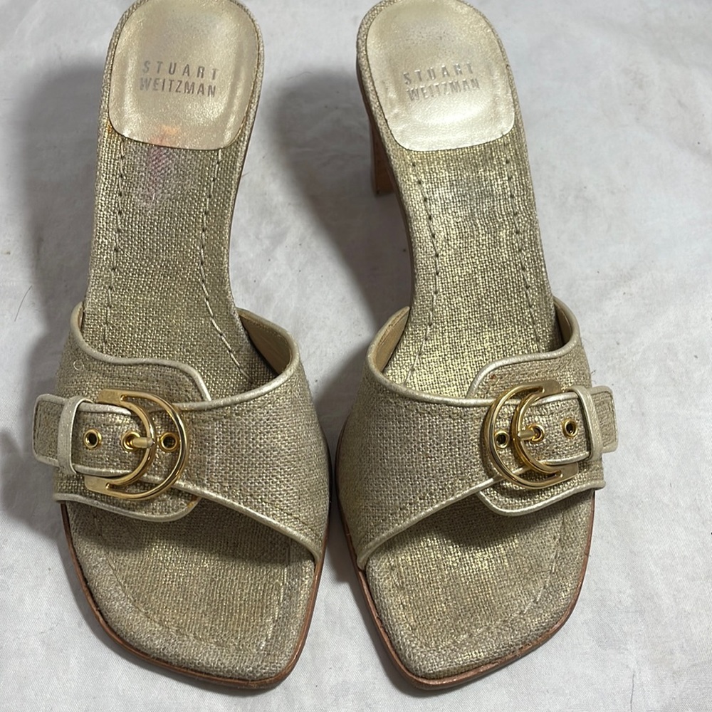 Stuart Weitzman Cream Gold Canvas Open Toe slides mules block sandals size 6.5